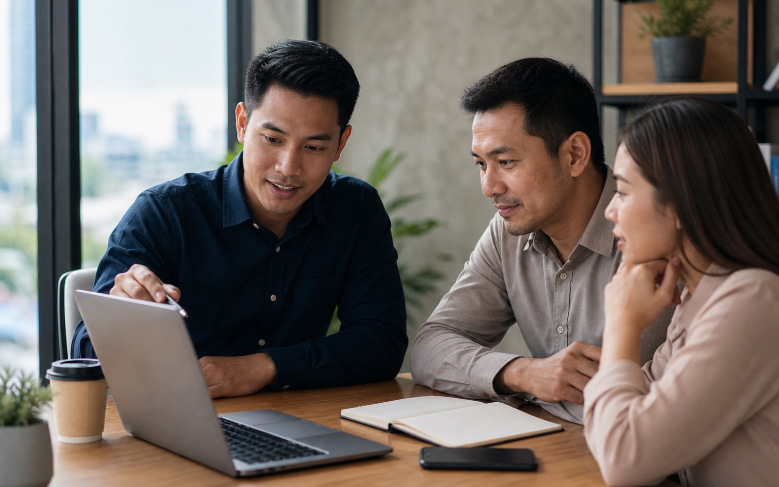 A Filipino operations consultant reviewing a practical offshore work plan with a small business team.