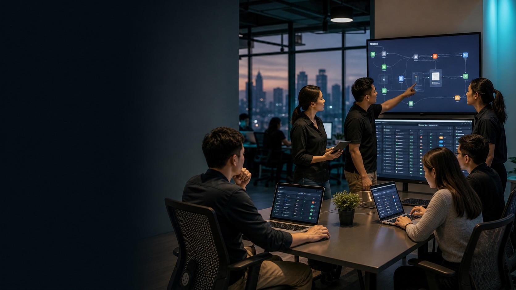 Corelink offshore team working together in a modern operations office.
