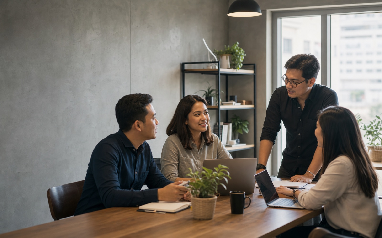 A small Filipino office team discussing a practical work plan around a laptop.